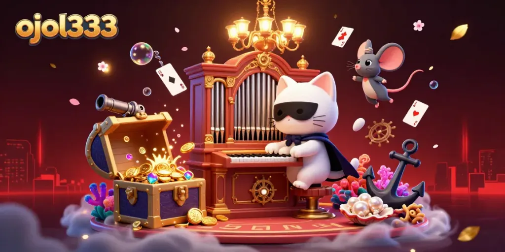 Experience the richness of ojol333 with a cartoon-style gaming scene filled with vibrant casino elements.