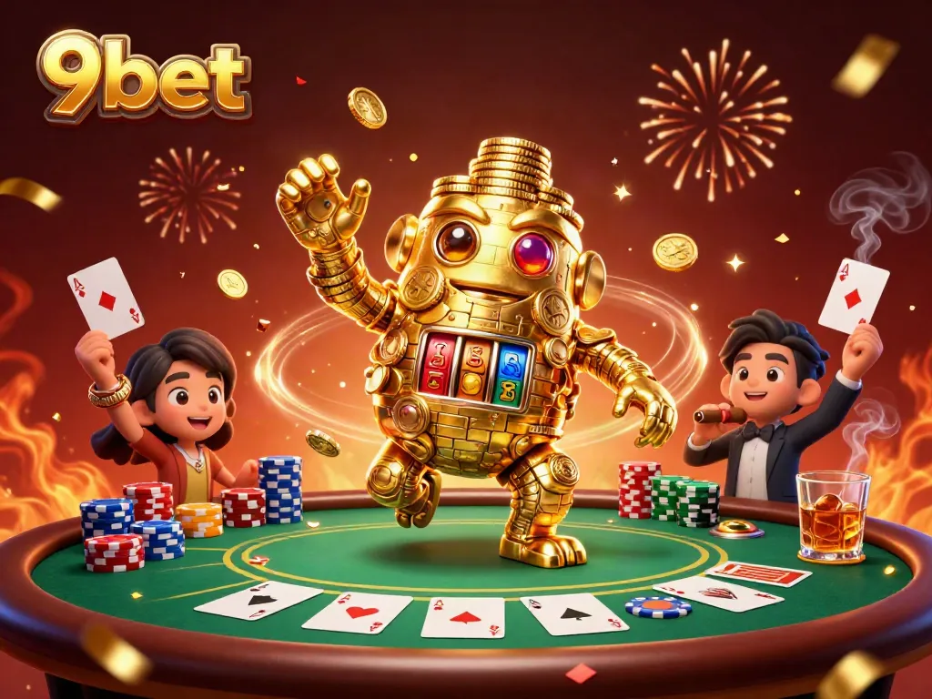 Engage with thrilling games at 9bet, featuring an animated golden golem surrounded by poker excitement and lively casino atmosphere.