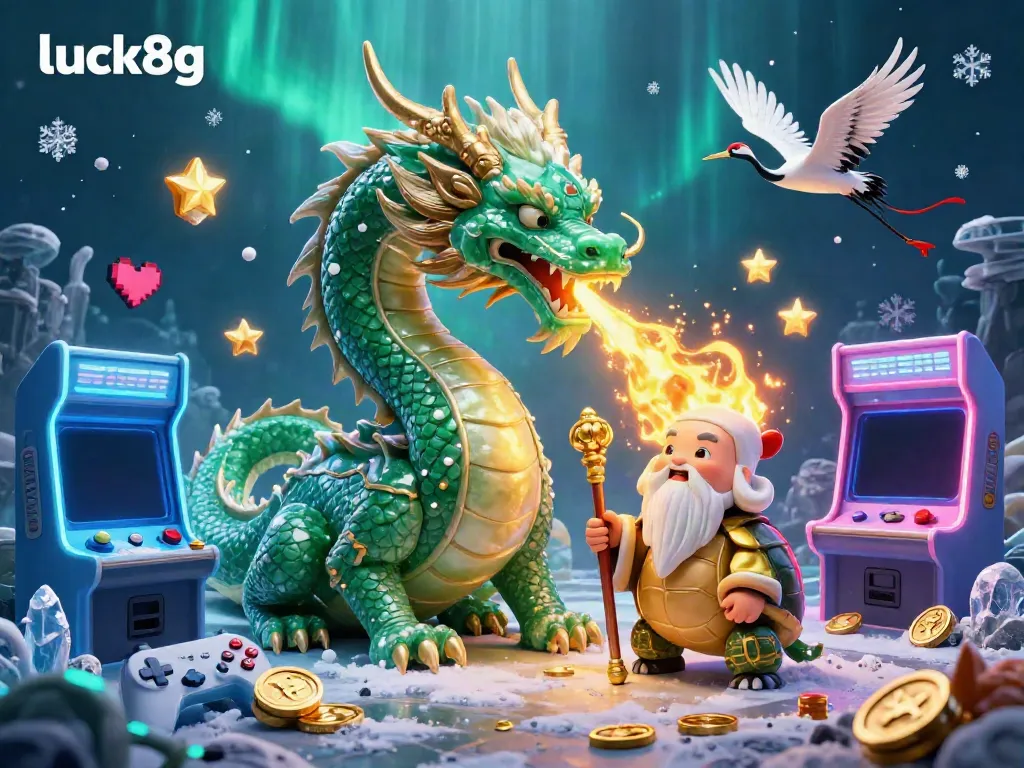 Experience luck8g with a magical dragon and lucky cranes amidst vibrant casino elements.