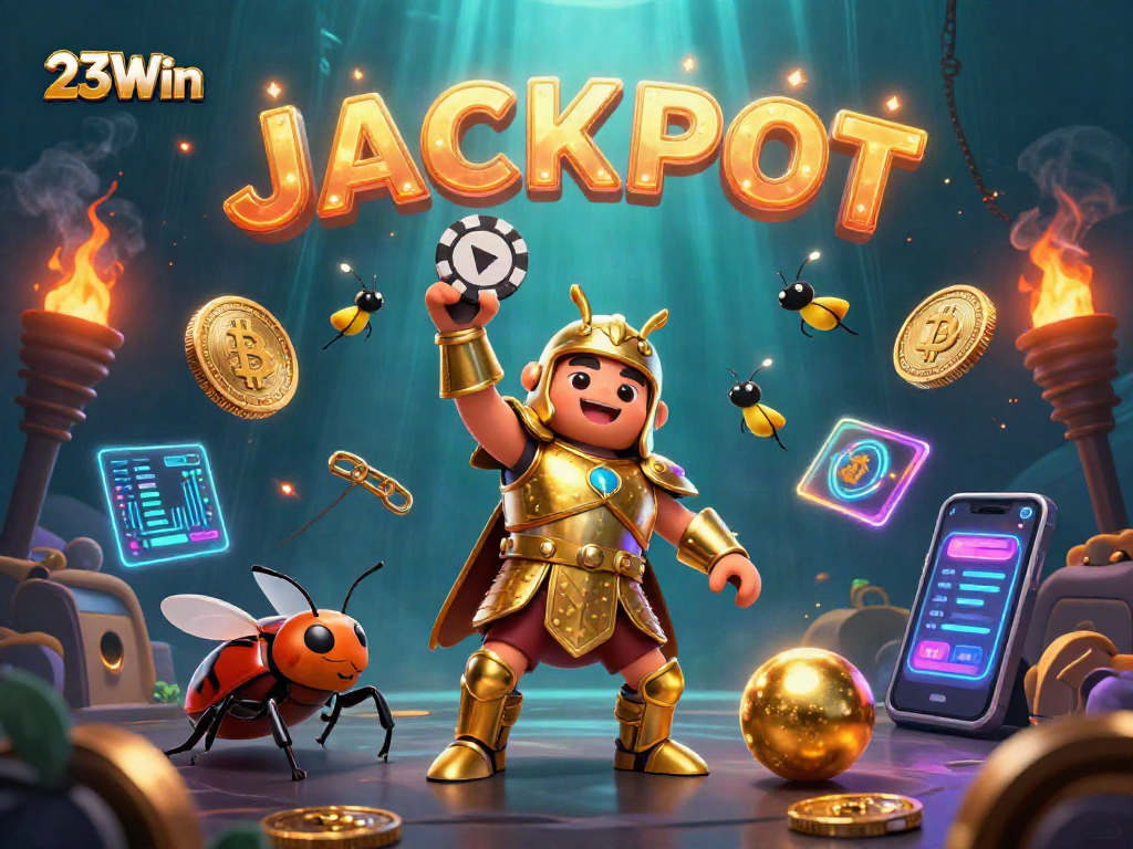 Join the excitement at 23Win with vibrant casino-themed characters spelling JACKPOT amidst crypto elements.