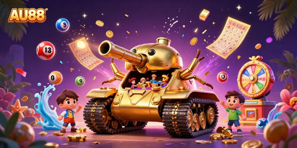 Experience exciting gameplay at AU88 with a vibrant casino-themed illustration featuring dynamic lottery elements.