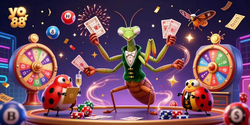 Dynamic scene of a giant praying mantis representing yo 88, orchestrating a lively casino atmosphere.