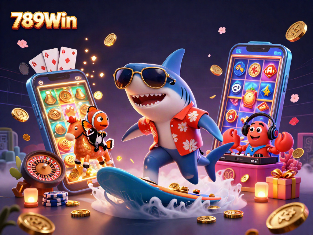 Join the excitement of 789Win with a shark surfing on gold coins surrounded by gaming elements.