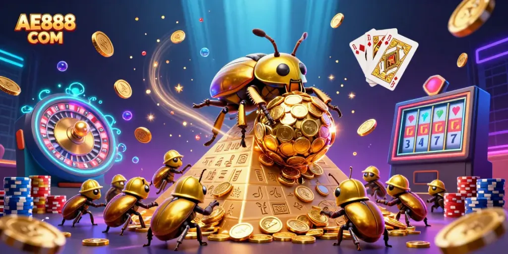 Engage with AE888 COM's casino excitement through a vibrant scene of golden beetles and casino symbols.