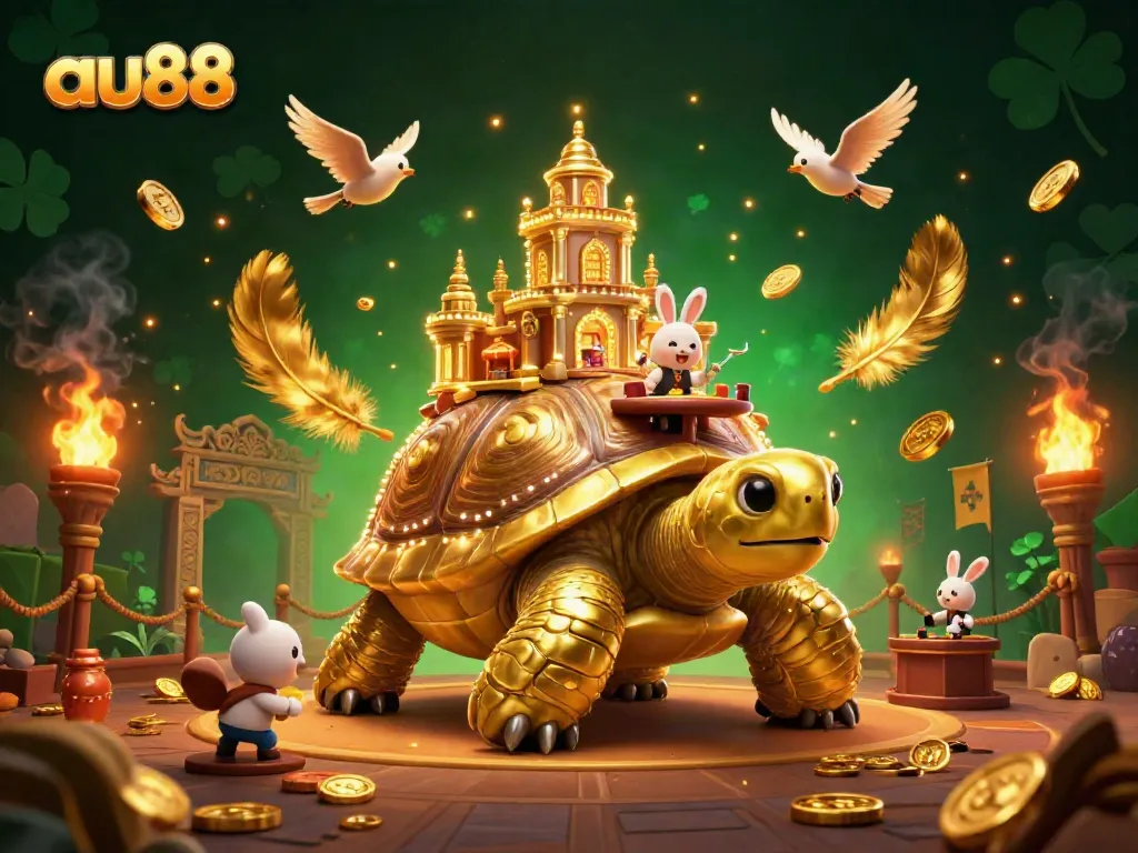 Experience the thrill at au88's golden tortoise casino with a rabbit dealer and flying coins.