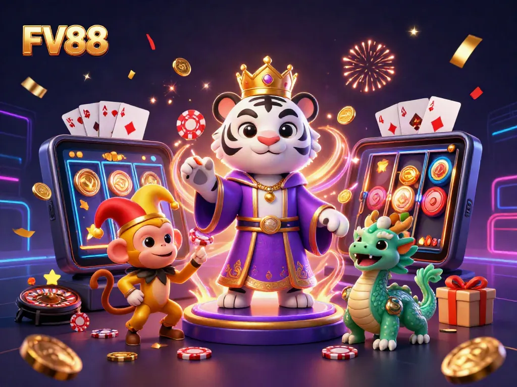 Engage with FV88's exciting casino experience featuring a regal tiger, playful monkey, and jade dragon amidst vibrant games.