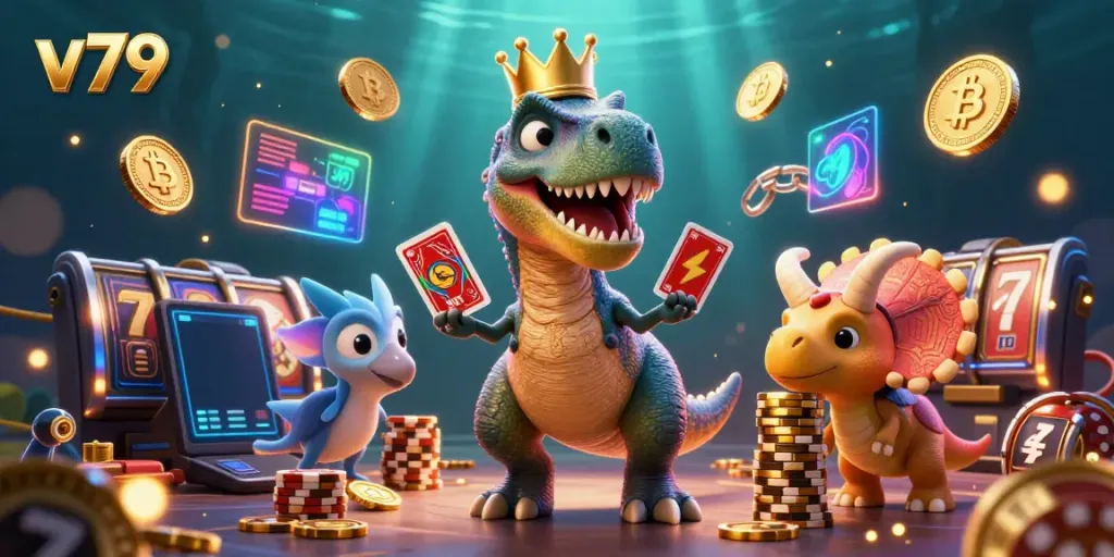 Engage with the thrilling action of v79 with a T-Rex, pterodactyl, and triceratops at a vibrant casino table.