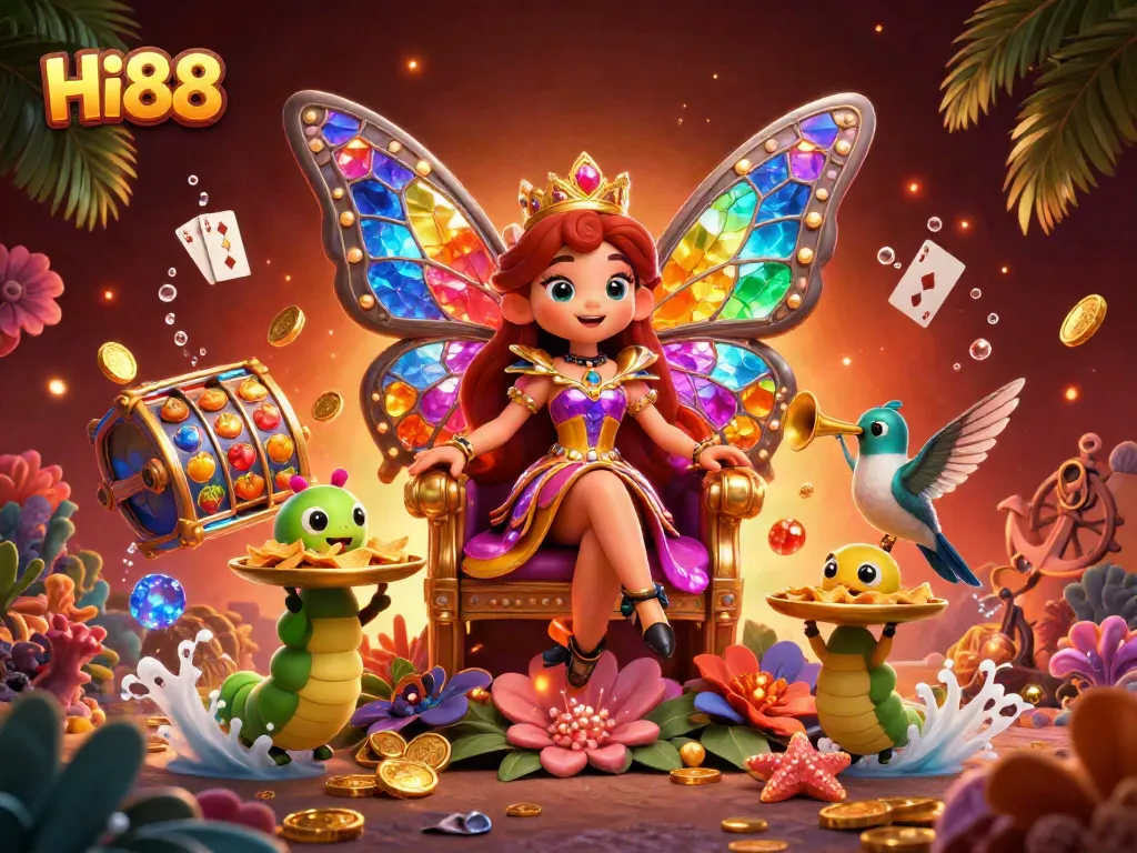 Spin slots and win at Hi88 with a vibrant 3D illustration of a casino fantasy scene.