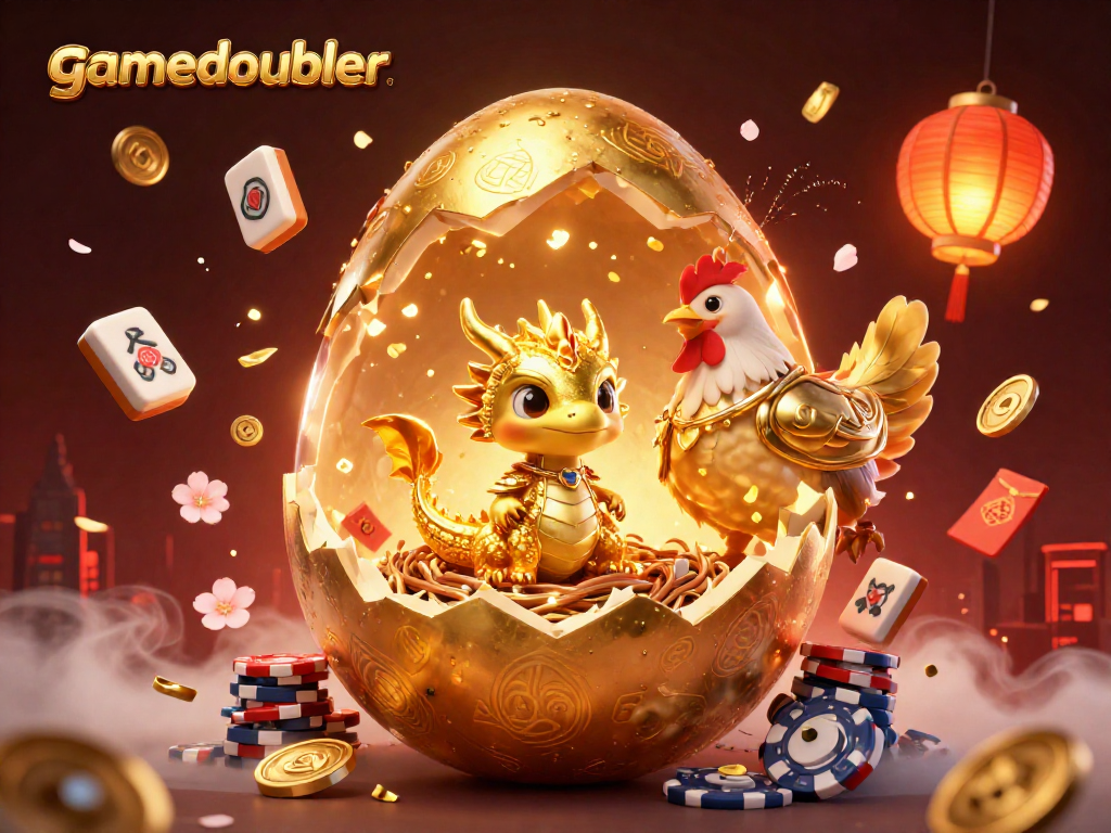 Play games at gamedoubler with a captivating scene featuring a golden baby dragon and gaming elements.