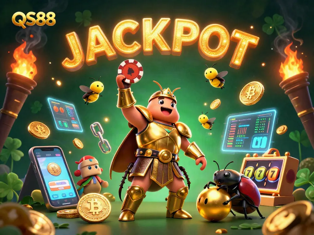 Experience QS88's vibrant casino atmosphere with heroic beetles and glowing jackpot in this rich digital art.
