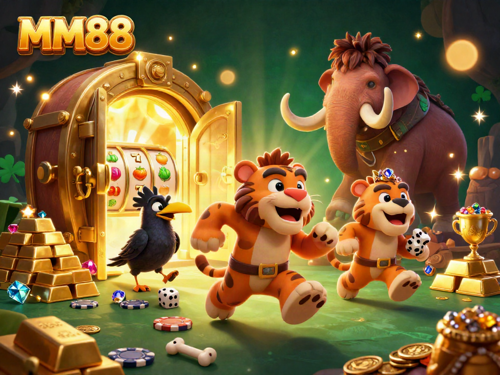 Play casino games with MM88 in a prehistoric-themed 3D illustration full of gold and excitement.