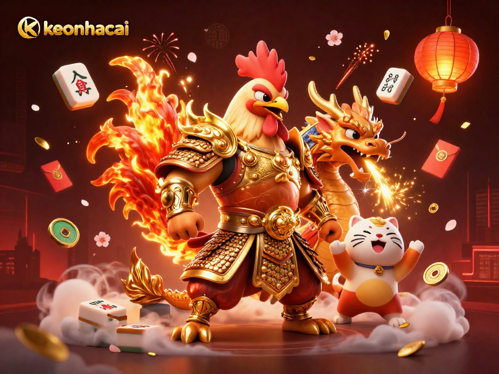 Experience thrilling keonhacai action with a fighting rooster warrior and dragon in a vibrant casino scene.
