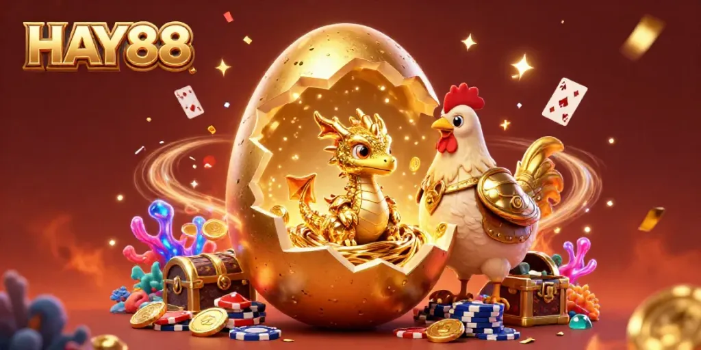 Experience the excitement of HAY88 with a mythical golden dragon and poker chips in a vibrant online casino scene.