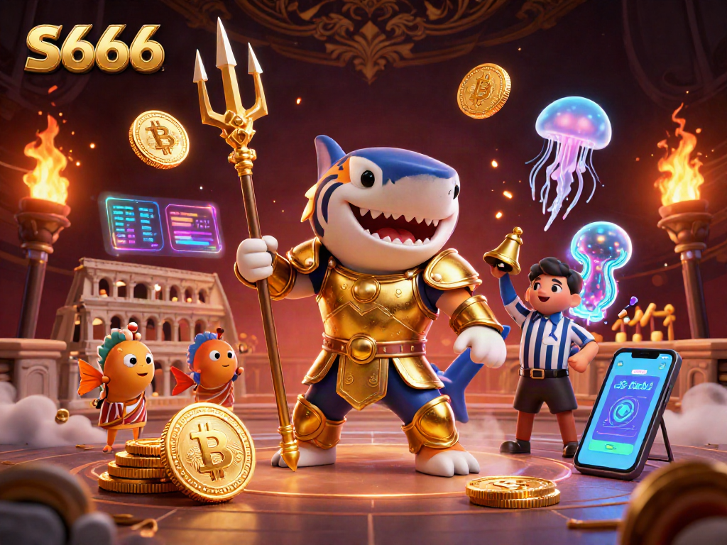 S666 engages players with thrilling underwater casino battles featuring a shark in gladiator armor.