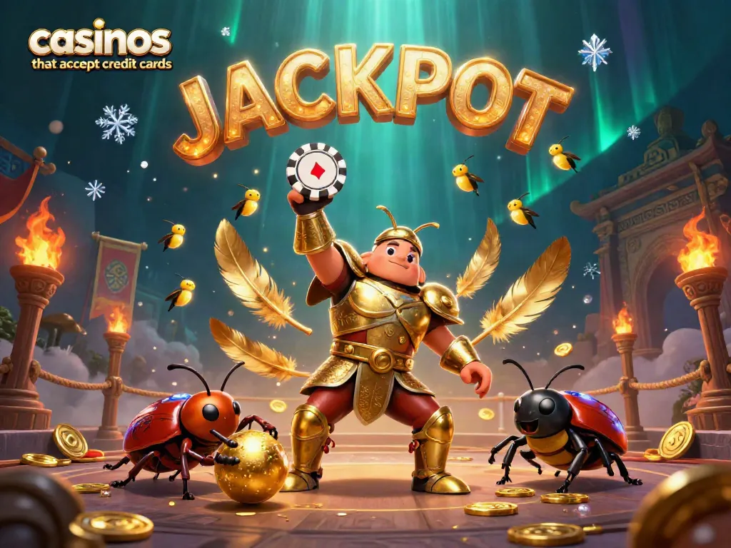 Win big at casinos that accept credit cards with a heroic beetle celebrating jackpot victories