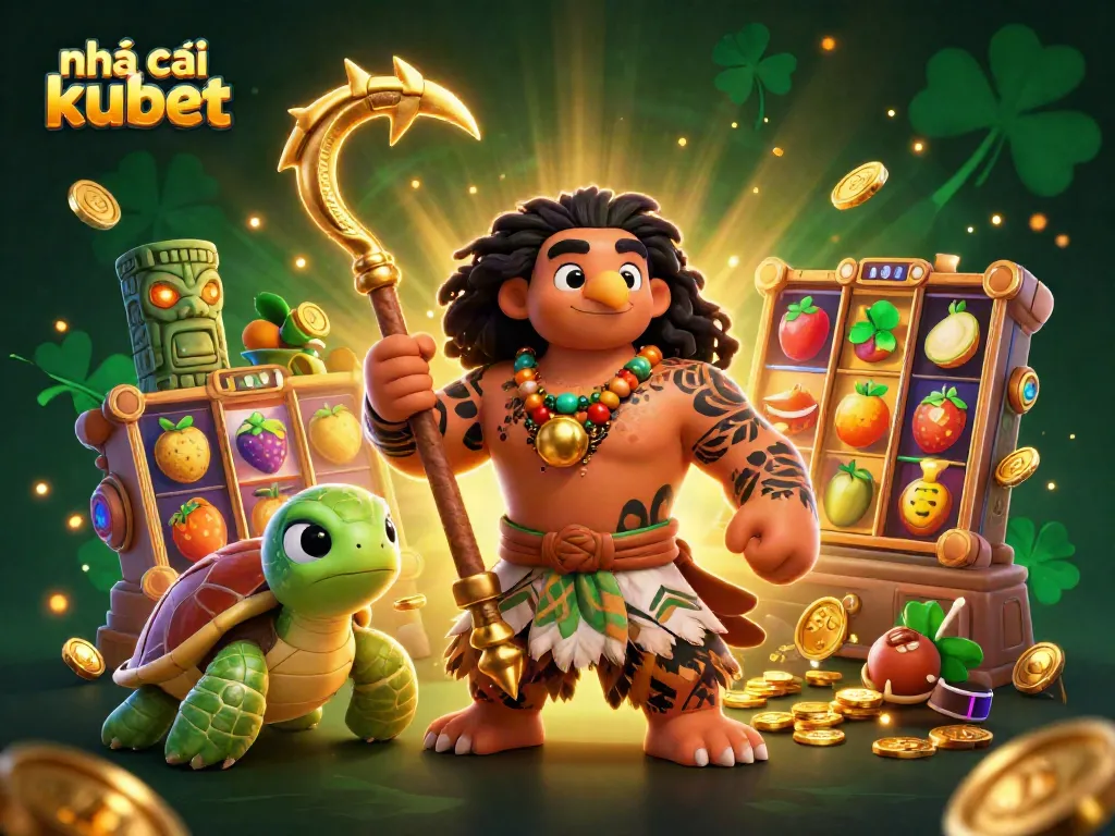 Engage with nhà cái kubet through an exciting 3D casino illustration featuring vibrant games, symbols, and characters.