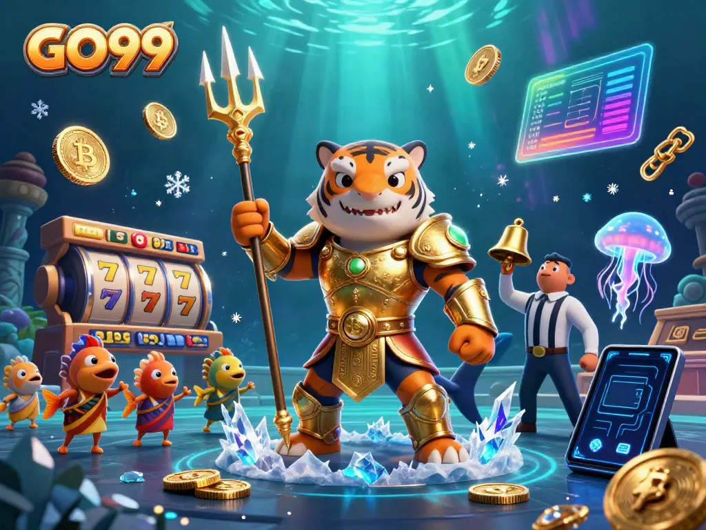 Engage with GO99's underwater casino scene featuring a golden-armored shark amidst slot reels.