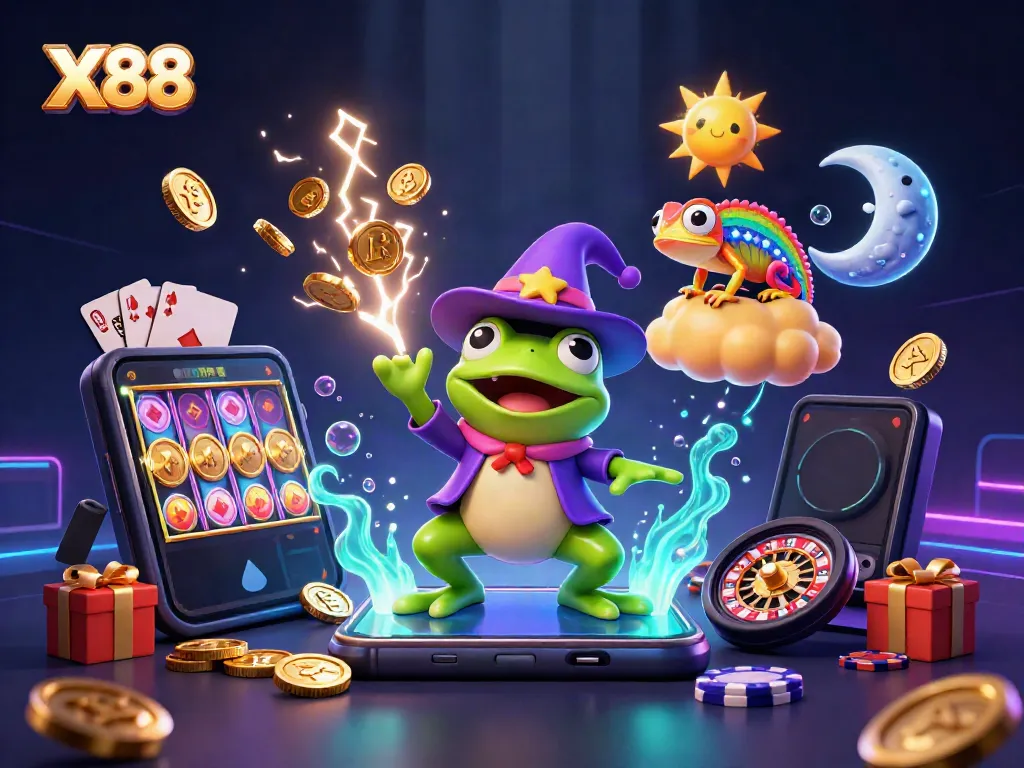 Experience X88's exciting slot gaming with vibrant characters creating a coin storm in this immersive scene.