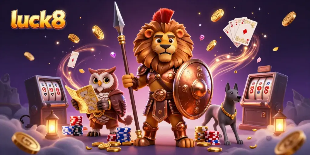 Engage with luck8 through vibrant game scenes showcasing impressive elements like spinning roulette wheels and golden coins.