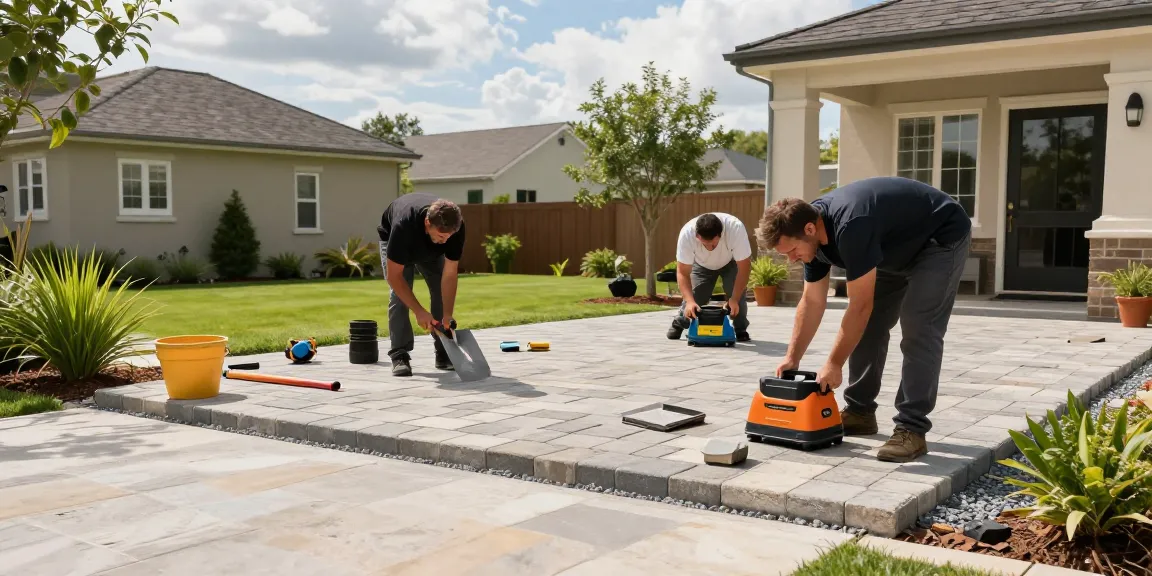 Driveways and Patios professionals installing block paving in a sunny residential yard, showcasing quality craftsmanship.