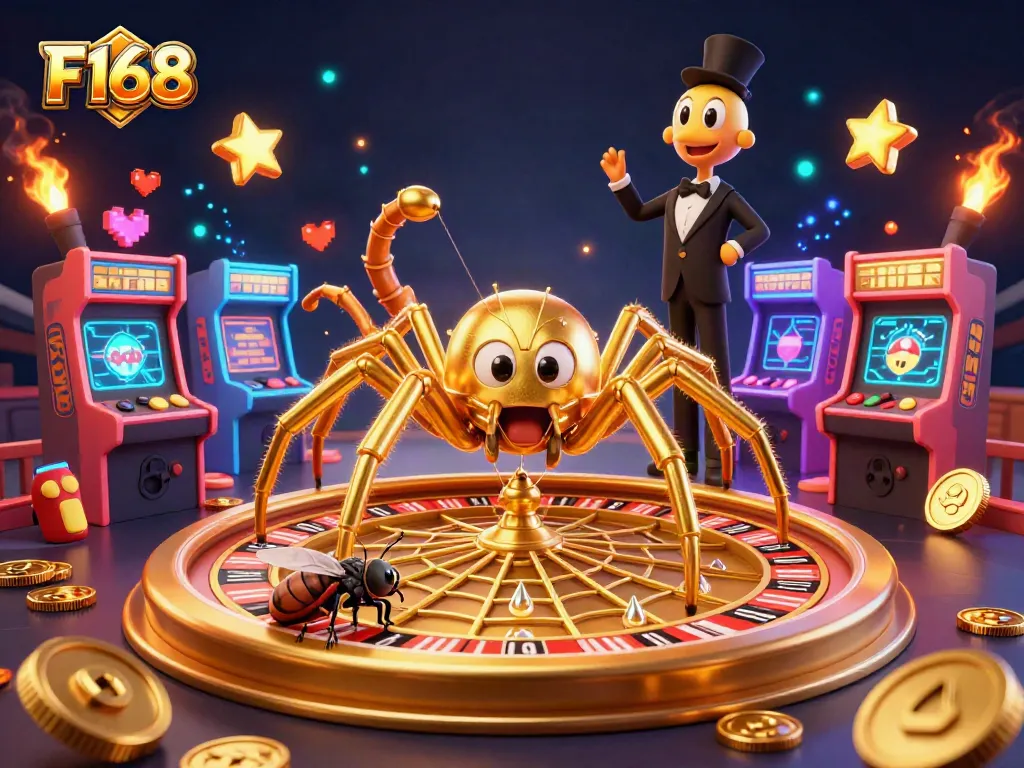 Experience thrilling F168 gaming action as a golden spider weaves a roulette web amidst colorful gaming elements.