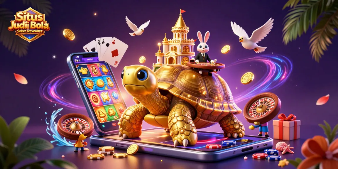 Situs Judi Bola Sbobet Dewabet features a vibrant golden tortoise adorned with a casino palace, fluttering birds, and dynamic game elements.