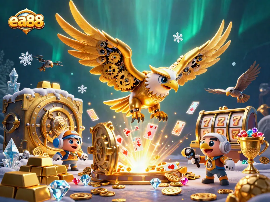 Experience thrilling gameplay with ea88, featuring a cybernetic eagle and treasures amidst holographic cards.