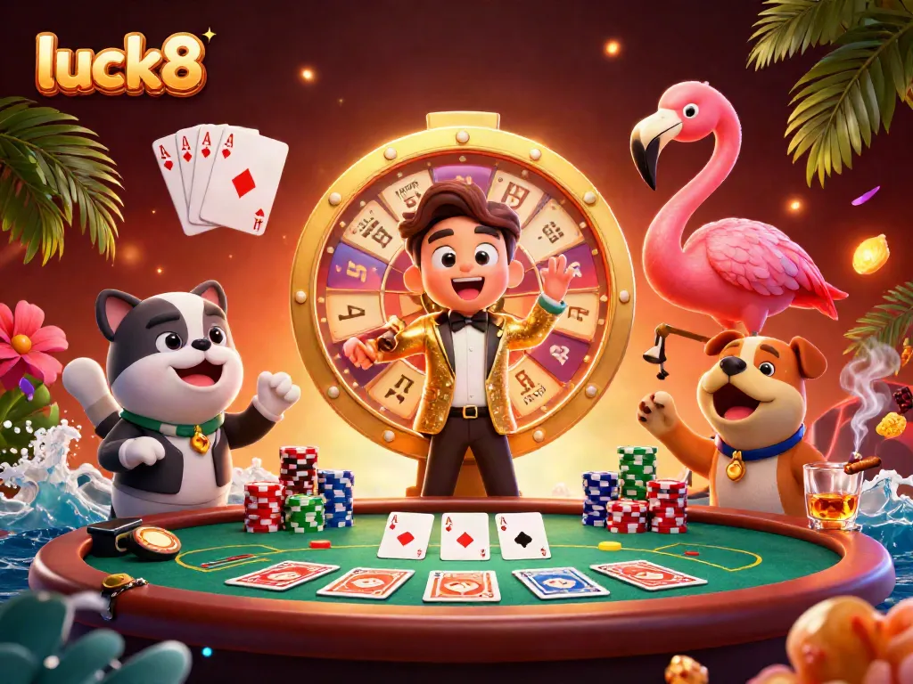 Engage in exciting gameplay at luck8 with a vibrant casino scene featuring a game show host and prizes.