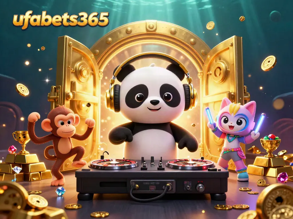 Experience the joy at ufabets365 with vibrant characters revealing treasures in an engaging casino scene.