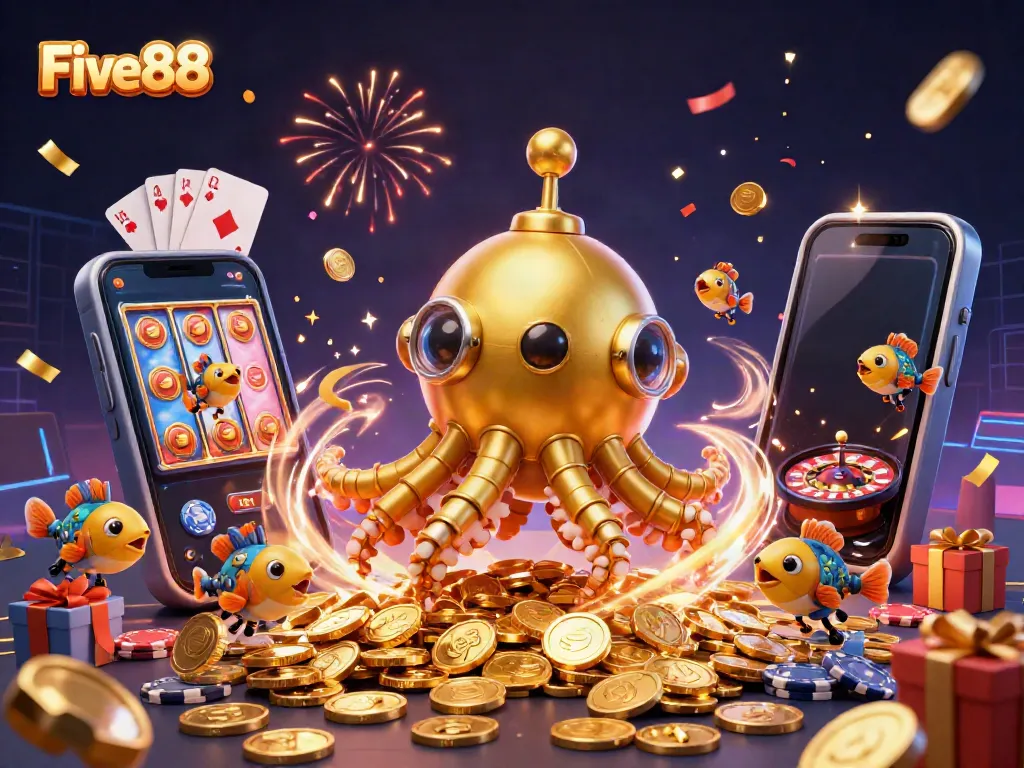 Experience the thrill of Five88 with a vibrant illustration of a golden kraken submarine, one-of-a-kind slot games, and dynamic casino elements.