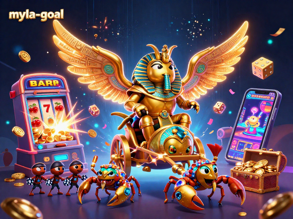 Win big with myla-goal in this vibrant casino scene featuring a colossal golden scarab beetle.
