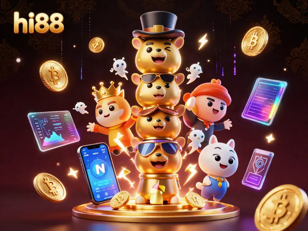 Play exciting casino games with hi88 in a vibrant 3D illustration showcasing crypto elements and a golden totem pole.