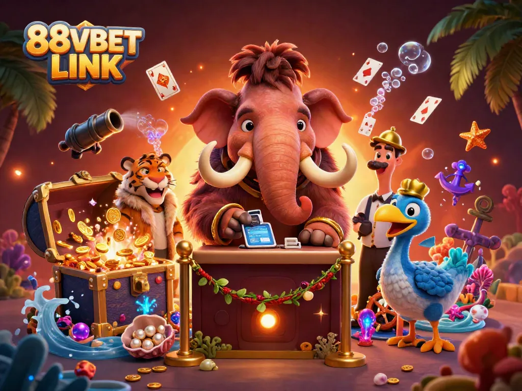 Experience exciting gaming at 88VBET LINK with animated characters in a vibrant casino scene.