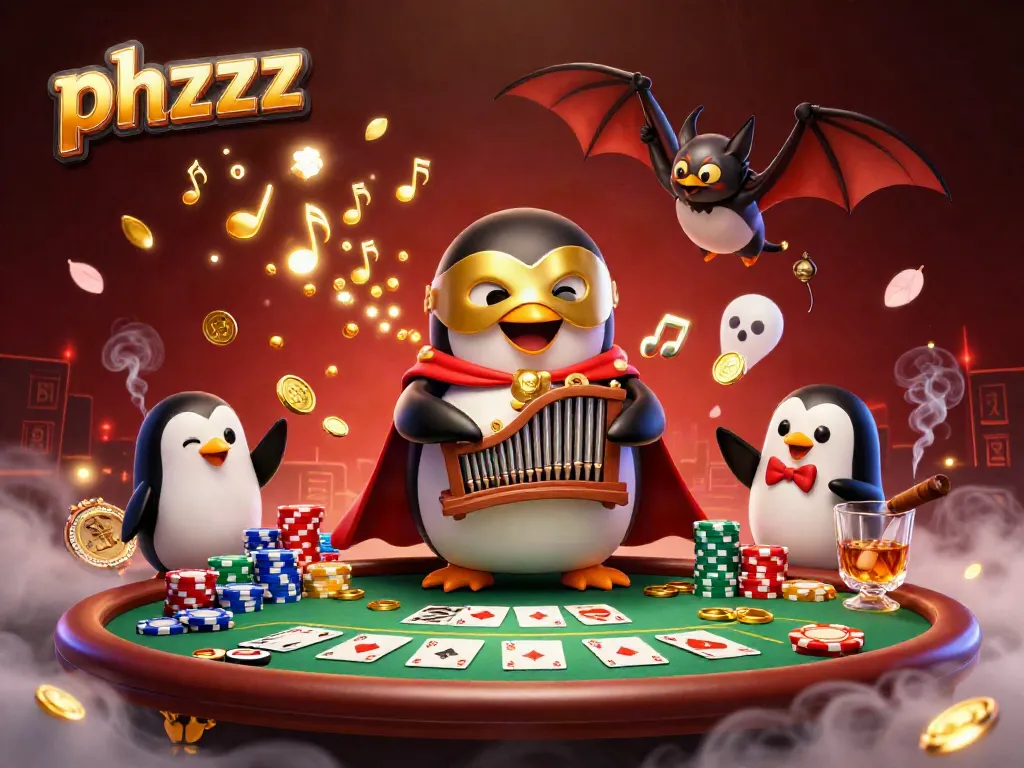 Experience the thrill of phzzz as a phantom penguin plays for riches in a vibrant casino scene.