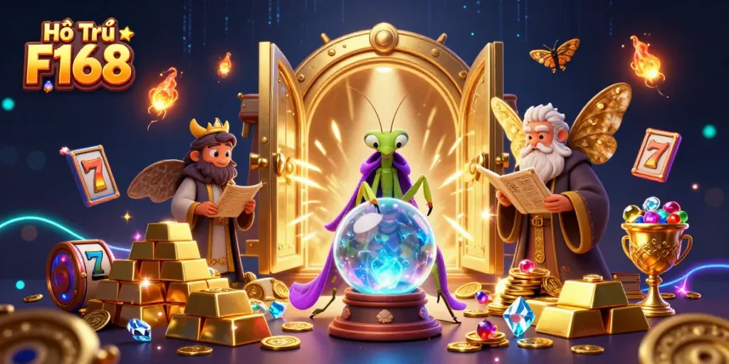 Engage with Hỗ Trợ F168's vibrant casino scene featuring fortune tellers and slot reels.
