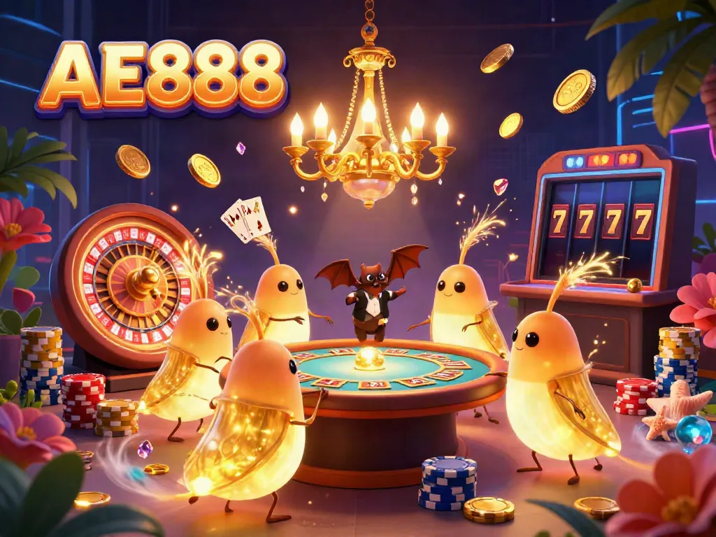 Experience AE888's vibrant casino scene with glowing creatures, spinning roulette, and sparkling gems.