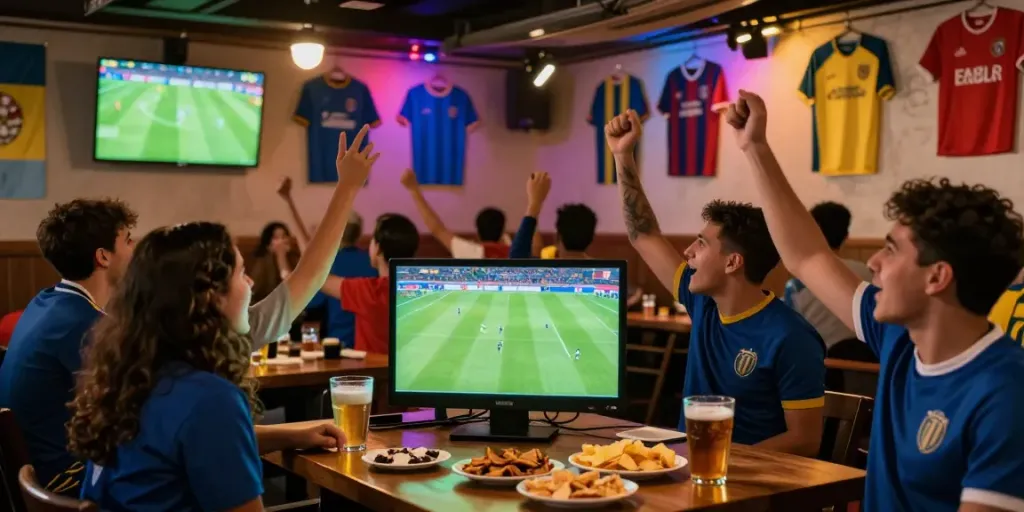 Socolive fans celebrating live football matches in an energetic sports bar atmosphere