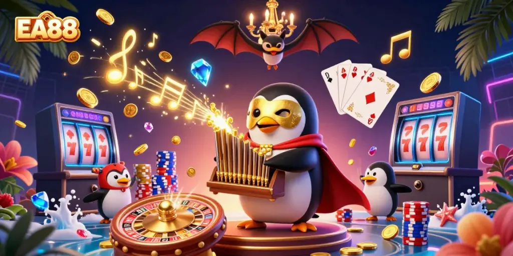 Experience the thrill of EA88 with vibrant casino elements and a 3D penguin maestro.