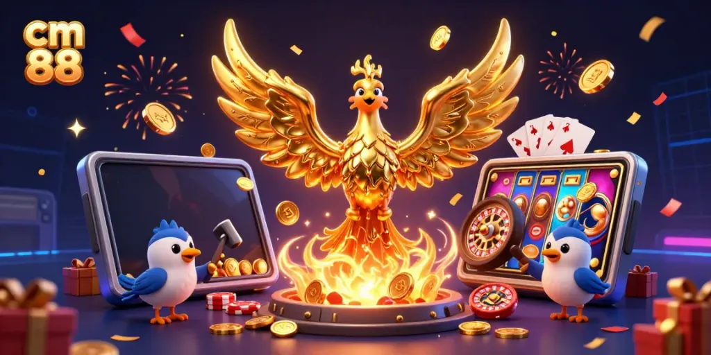 Experience the thrill of cm 88 with a vibrant casino scene featuring explosive gold coins and slot games.
