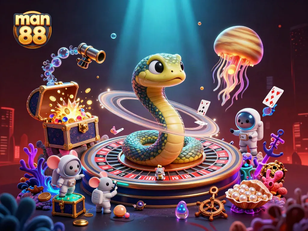 Experience the thrill of man 88 betting with astronaut mice and cosmic dealers in an enchanting casino scene.