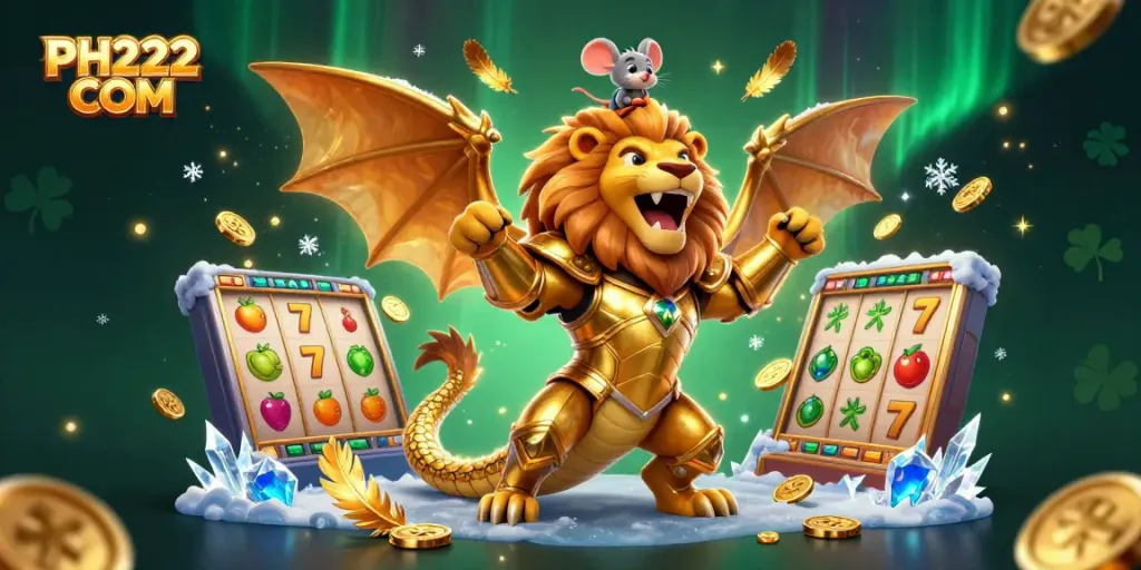 Experience excitement with the PH222 COM chimera creature as it triumphs over slots, surrounded by vibrant, dynamic elements.