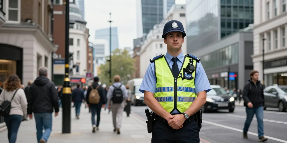 Security Guard providing professional community service in London urban setting.