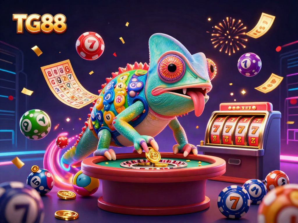 Experience the vibrant energy of TG88, featuring a colorful chameleon casino owner amidst lottery balls and jackpot reels.