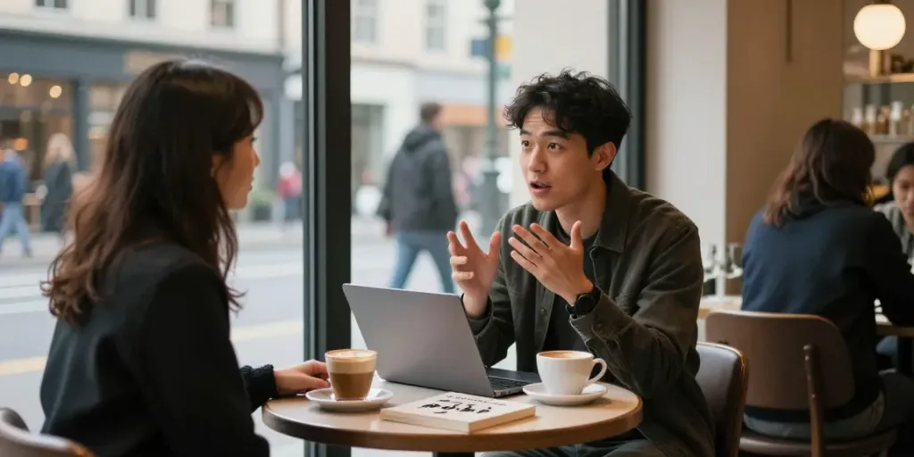 Man learning how to talk to women in a lively urban café conversation.