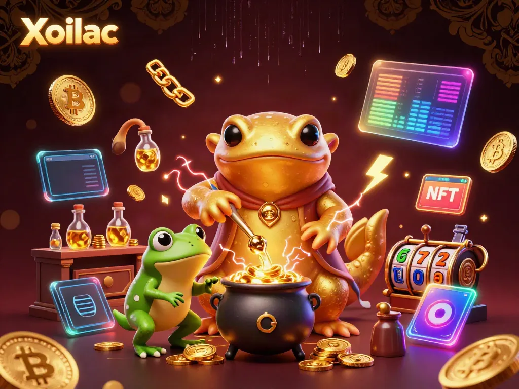 Xoilac represents a vibrant casino scene with alchemists and crypto elements creating gold.