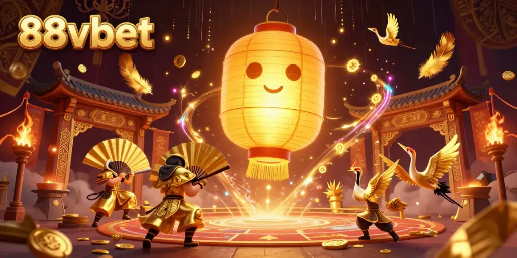 Bet on thrilling action with 88vbet in a vibrant casino scene featuring animated golden lantern spirit and warriors.
