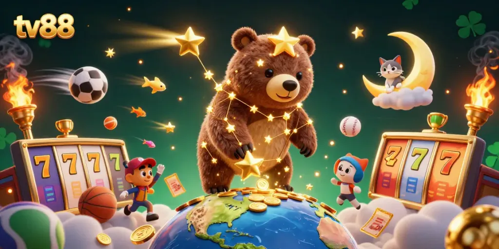tv88 showcases a vibrant constellation bear alongside golden slot reels, engaging in a thrilling casino environment.