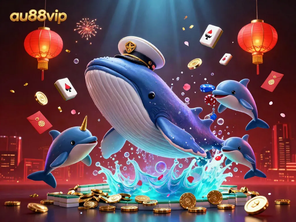 Experience gaming excitement at au88vip with a whale, narwhal, and dolphins surrounded by casino elements.