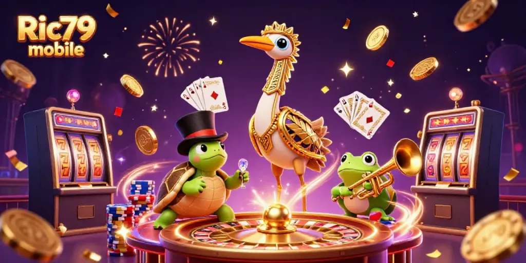 Experience the thrill of Ric79 mobile with colorful casino characters and vibrant gaming elements.