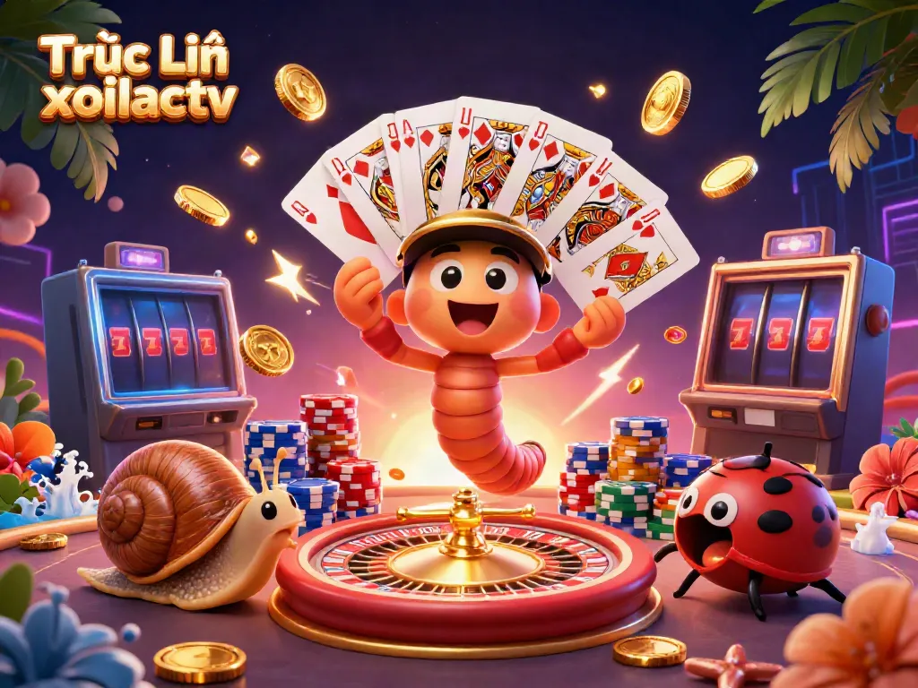 Experience Trực Tiếp xoilactv with colorful gambling elements and animated characters in a dynamic casino scene.